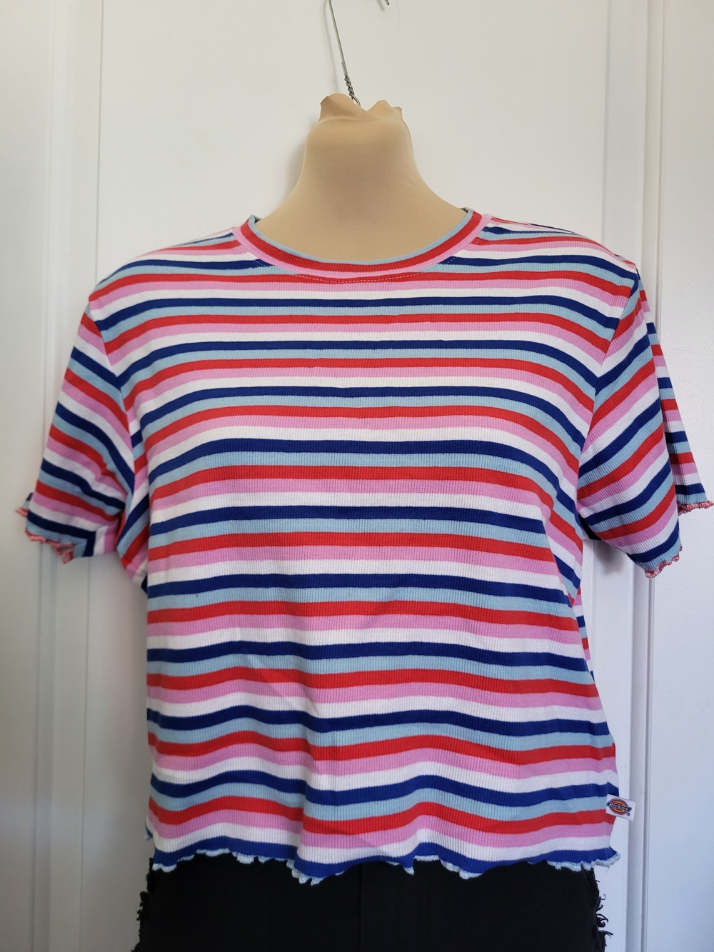 Dickies Short Sleeve Ribbed Stripe Tee in Pink, Blue & White